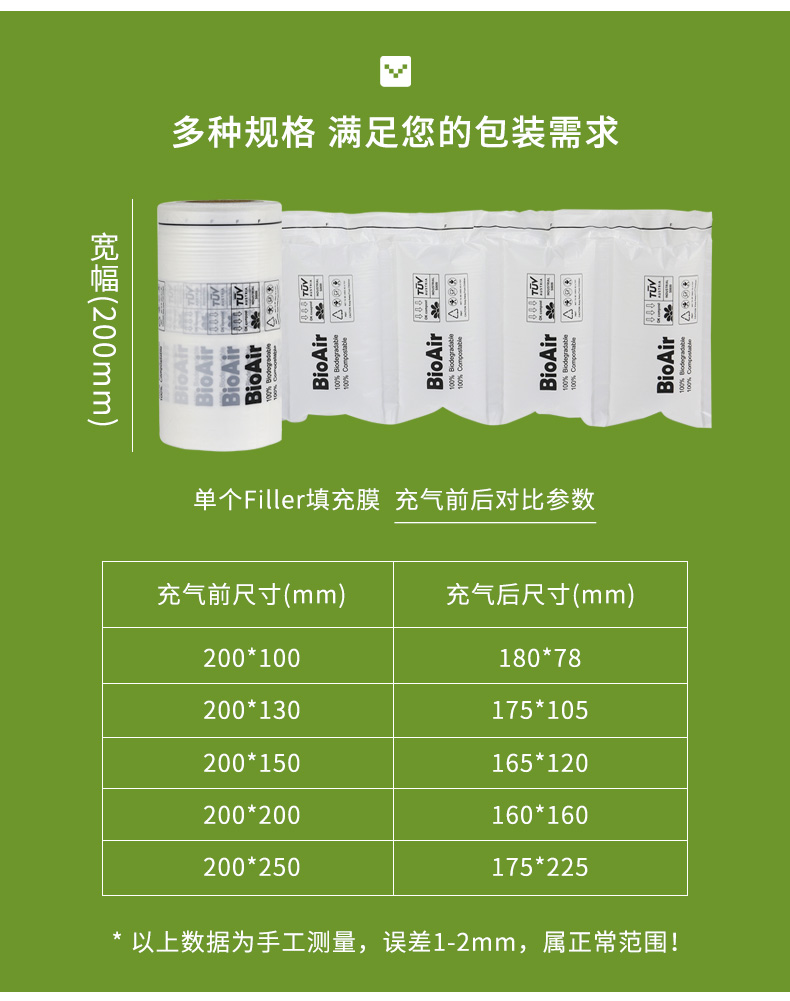 BioAir 全生物降解气泡枕充气前后规格对比参照